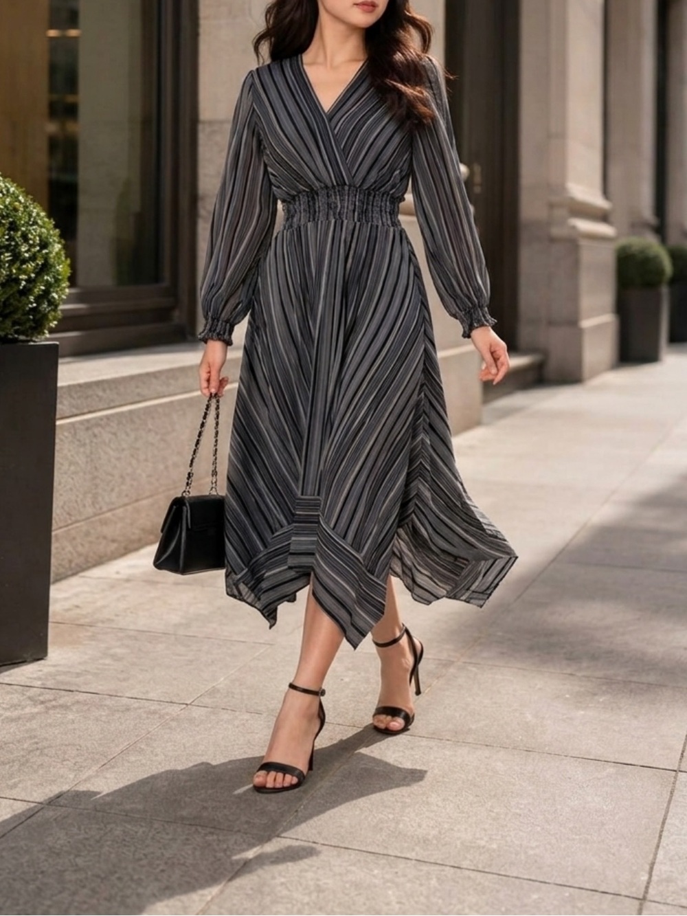 Karl Lagerfeld Paris Size 14 Black White Chiffon Striped Midi Dress Long Sleeve